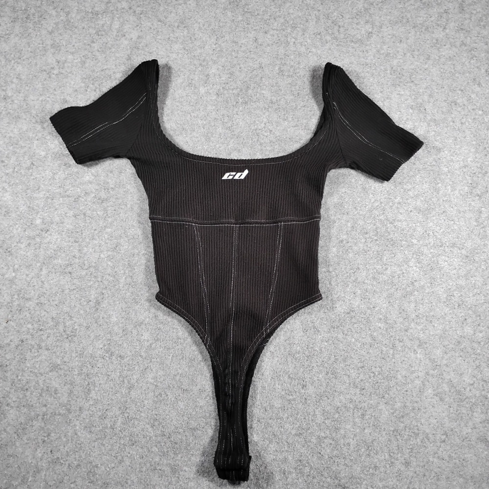 Criminal Damage London Black Ribbed Bodysuit Contrast Stitch Size 6 Short Sleeve